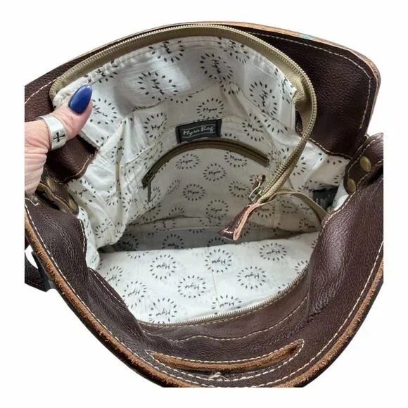 Brand New Myra Azure Petals Woven Crossbody Bag with Handtooled Leather - Picture 4 of 5